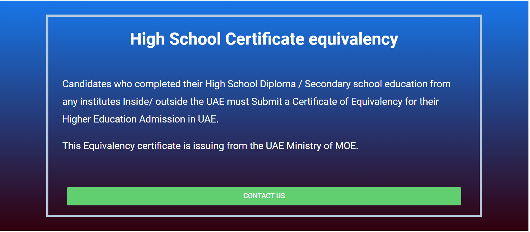 High School Certificate equivalency From MOEUAE Diploma Equivalency