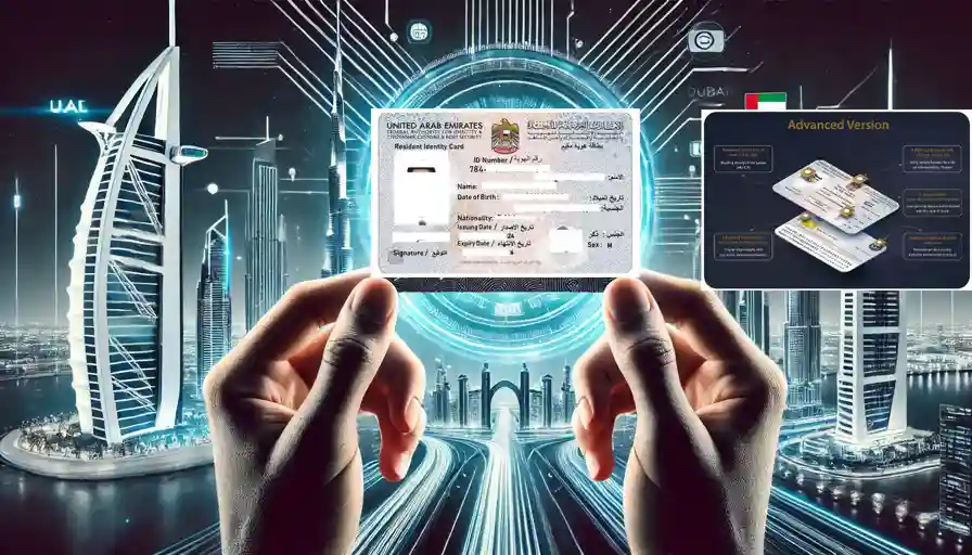 Emirates ID with Advanced Features Highlighted in a Futuristic Dubai Skyline Background