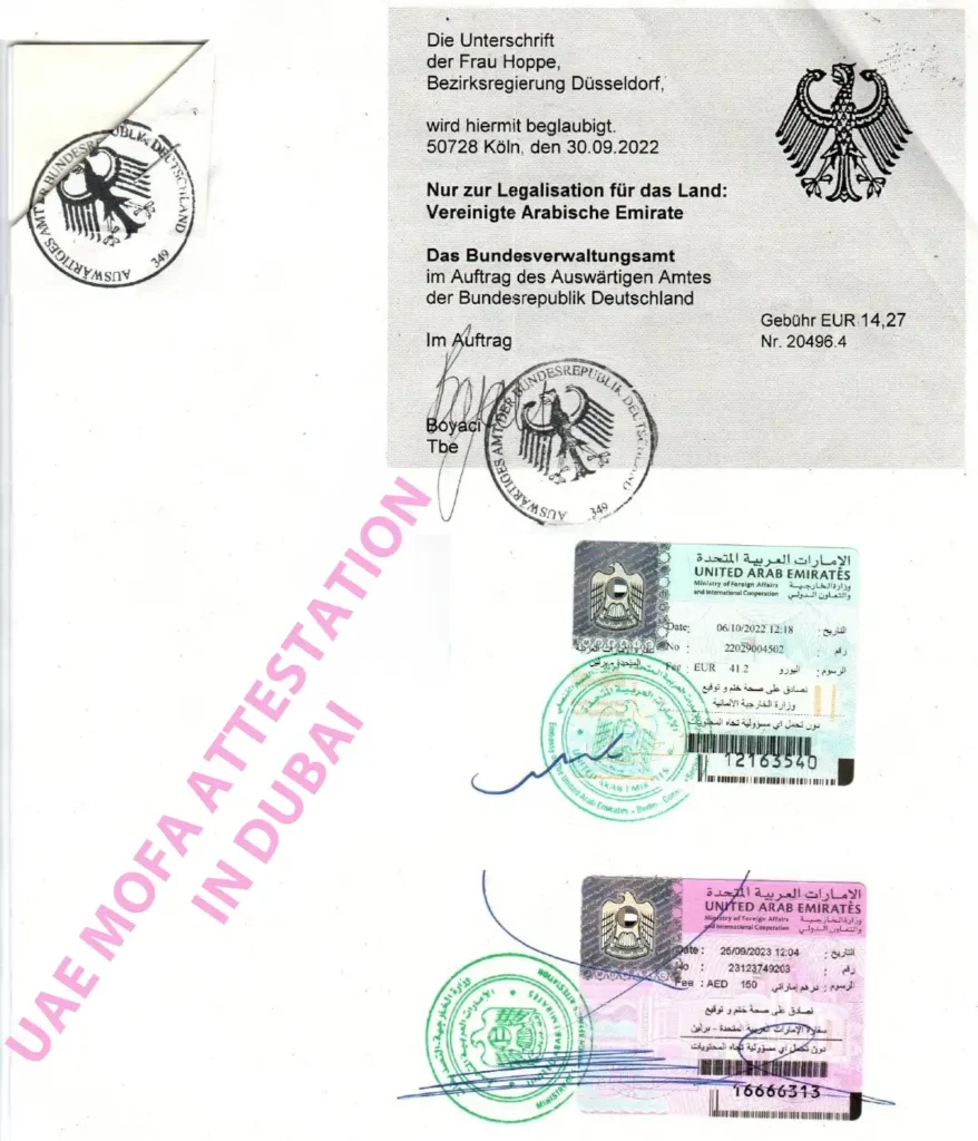 UAE MOFA Attestation Sample Document with Dubai and German Embassy Stamps for Legalization and Verification