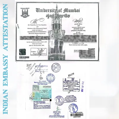 University of Mumbai engineering degree attested by GloboPrime through the Indian Embassy and Consulate in UAE, with UAE MOFA legalization for official use in Abu Dhabi, Dubai, and Sharjah.