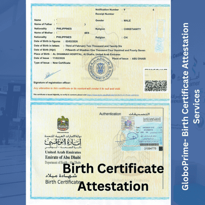 alt="Birth certificate attestation UAE example with MOFA stamp and official authentication for child visa and document legalization"