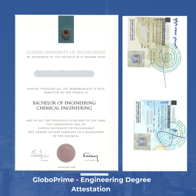 Curtin University of Technology Bachelor of Engineering Chemical Engineering degree certificate with UAE embassy and MOFA attestation stamps
