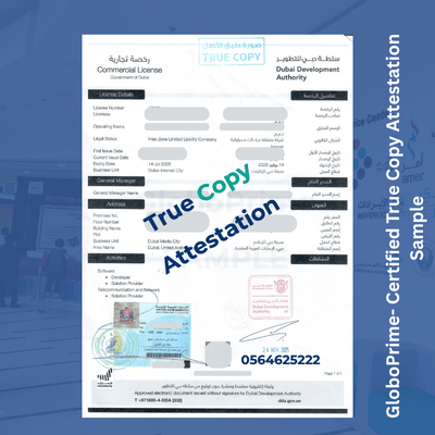 Certified true copy of Dubai Development Authority commercial license stamped True Copy by GloboPrime