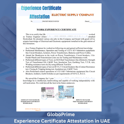 Experience certificate attestation sample document for UAE showing employer-issued work experience certificate with official stamps and signatures
