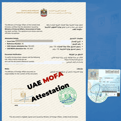alt="UAE MOFA attestation certificate issued by the Ministry of Foreign Affairs showing reference number, AED fees, and official digital seal"