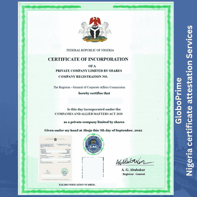 Nigerian Certificate of Incorporation attested for UAE use with official stamps and seals