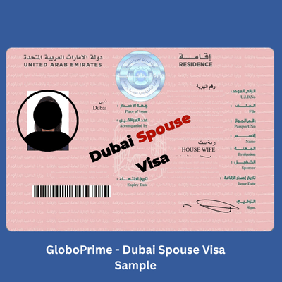 alt="Sample UAE residence permit for spouse visa issued in Dubai — pink residence card showing House Wife designation and Dubai place of issue"