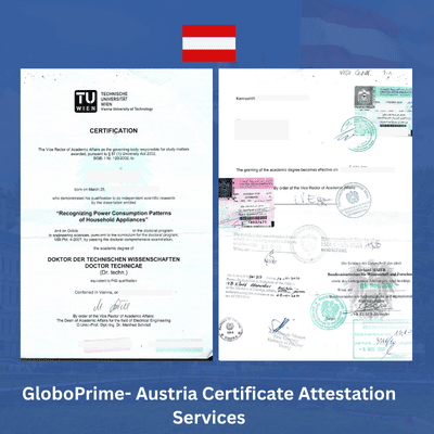 Austria certificate attestation sample with embassy, MOFA stamps and seals for UAE use by GloboPrime