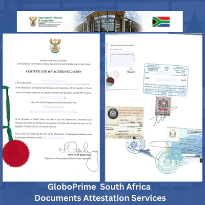 South Africa document attestation services showing DIRCO certificate authentication and stamped legalized documents by GloboPrime