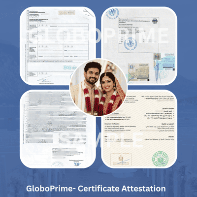 Sample marriage certificate attestation documents with official seals and a married couple for UAE use