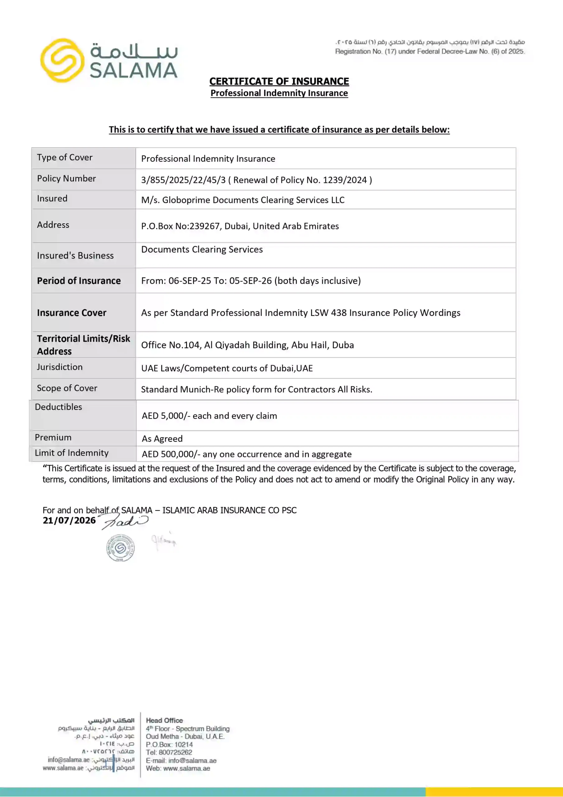 GloboPrime professional indemnity insurance certificate