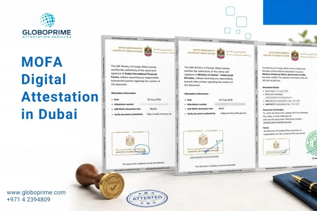MOFA Digital Attestation in Dubai showing three attested document types - UAE commercial document, UAE-issued personal or government document, and foreign-issued document attested for use in the UAE
