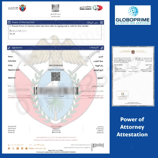 Dubai Courts Power of Attorney attestation sample with UAE MOFA digital attestation by GloboPrime Attestation Services