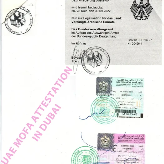 UAE MOFA Attestation Sample Document with Dubai and German Embassy Stamps for Legalization and Verification
